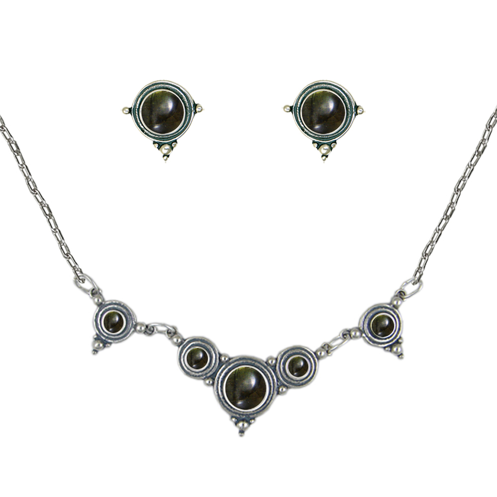 Sterling Silver Designer Necklace Earrings Set in Spectrolite